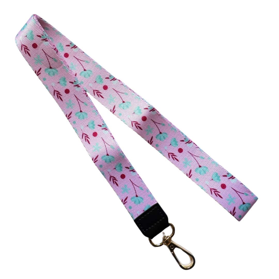 Lanyard Largo Rosado Flores Turquesa