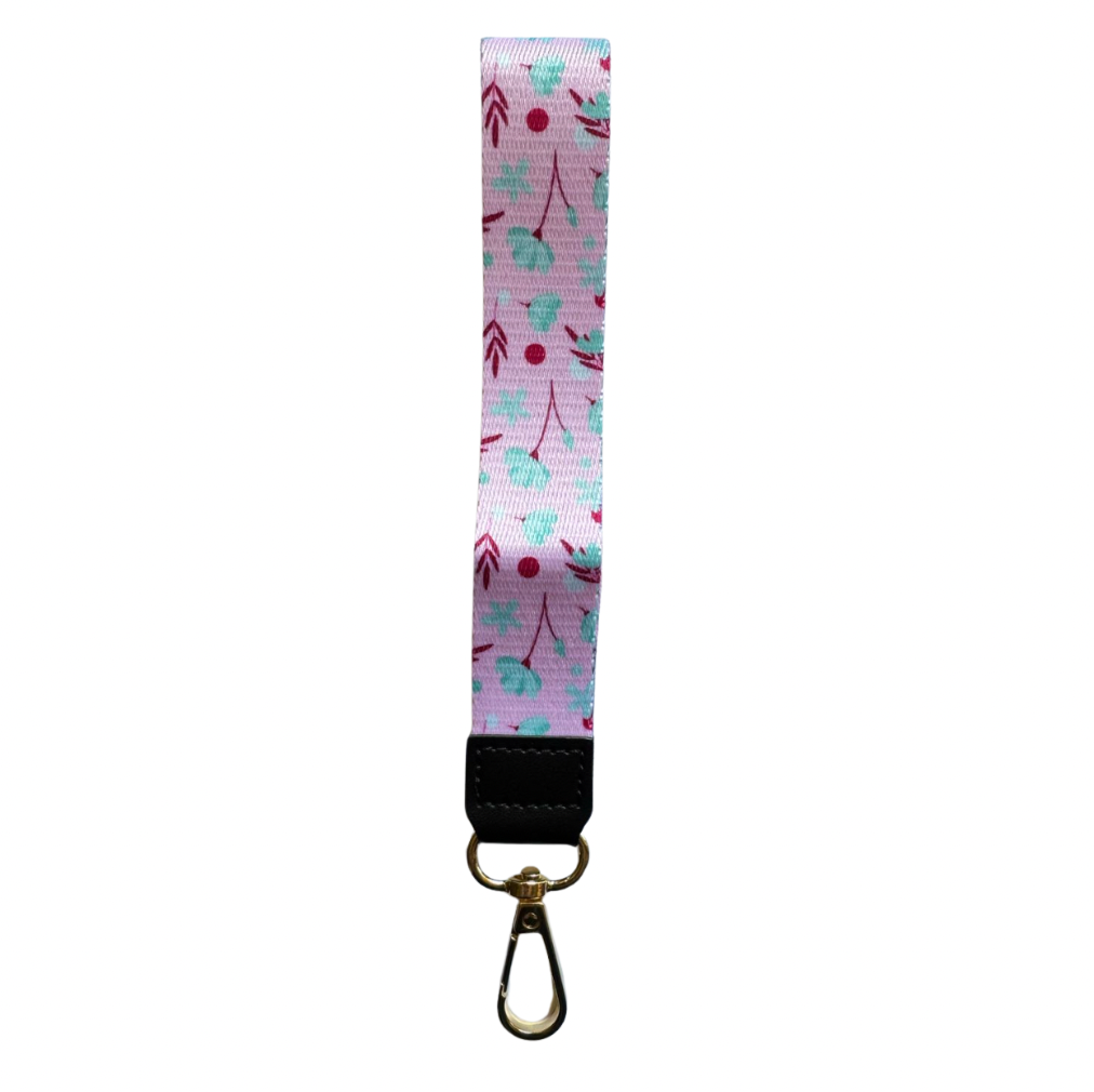 Lanyard Corto Rosado Flores Turquesa